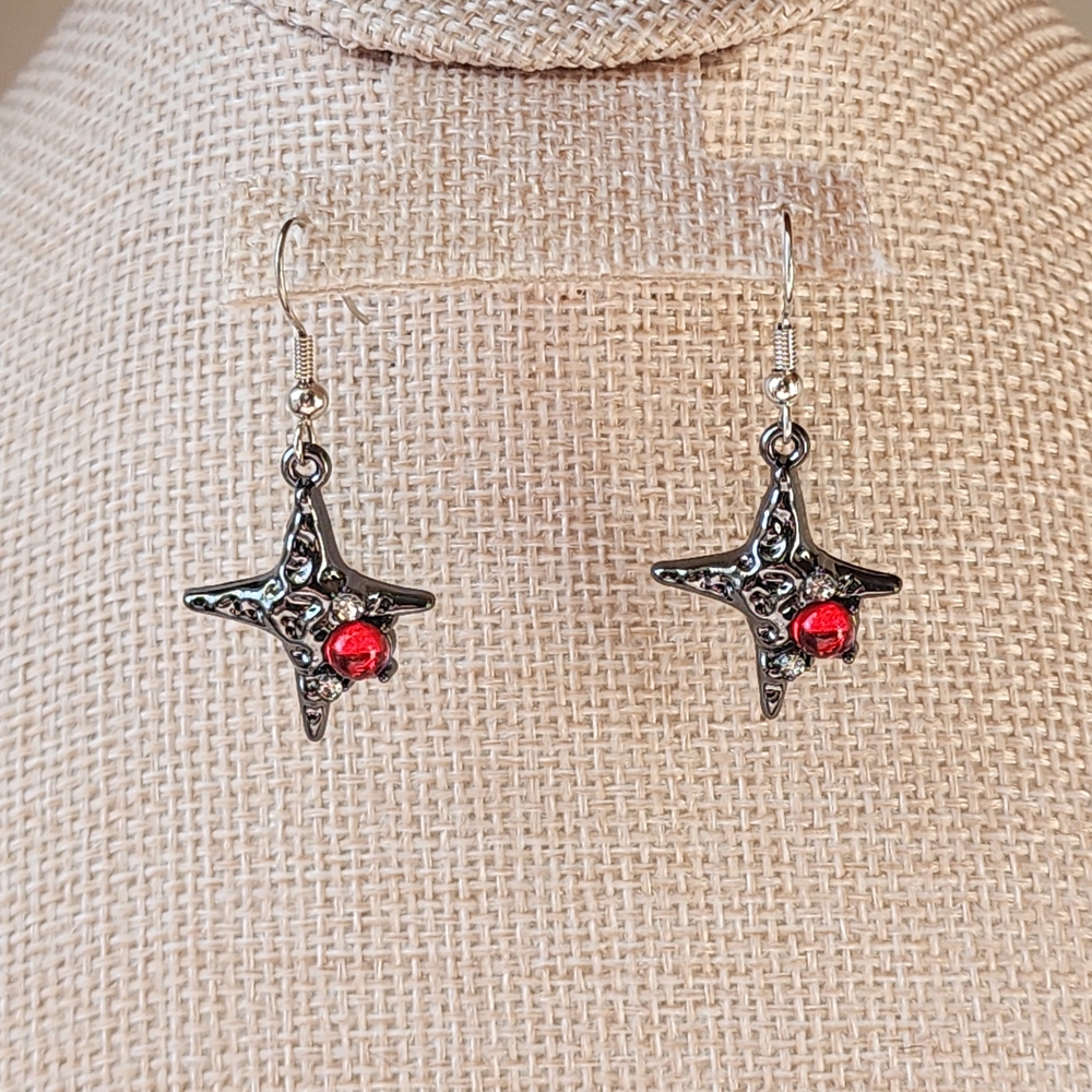 Goth Dark Gray and Red Star Earrings